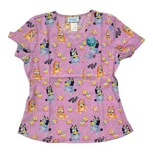 Tooniforms Bluey Hooray Cupcakes STRETCH V‑Neck Print Scrub Top Women’s M NWT